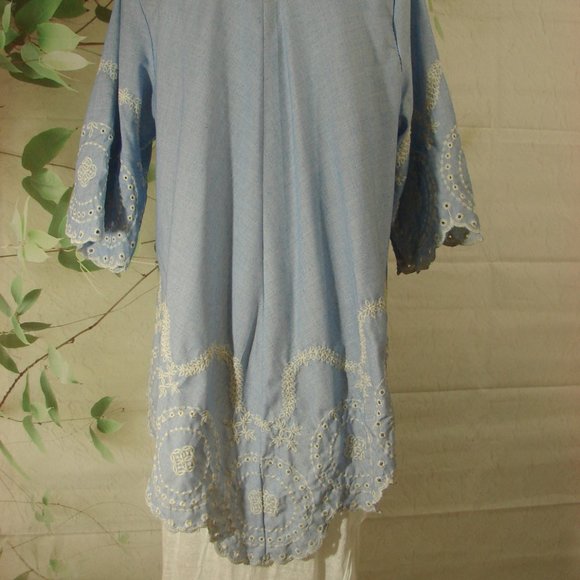 Lt Blue White Embroidered Kimono Jacket Boho Cover up Summer Lt Weight Beach S/M - Picture 3 of 15